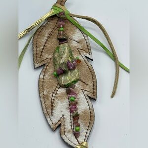 Re-Ride Stories Leather Hide Leaf Pin with Green and Pink Stones